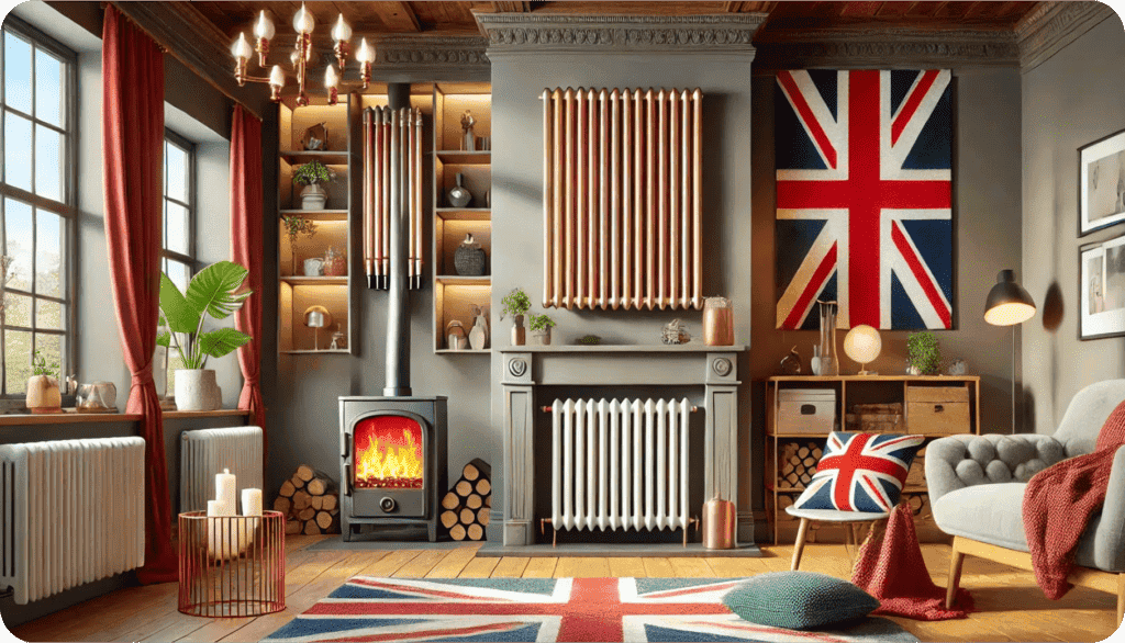 a room with a fireplace and a chair
