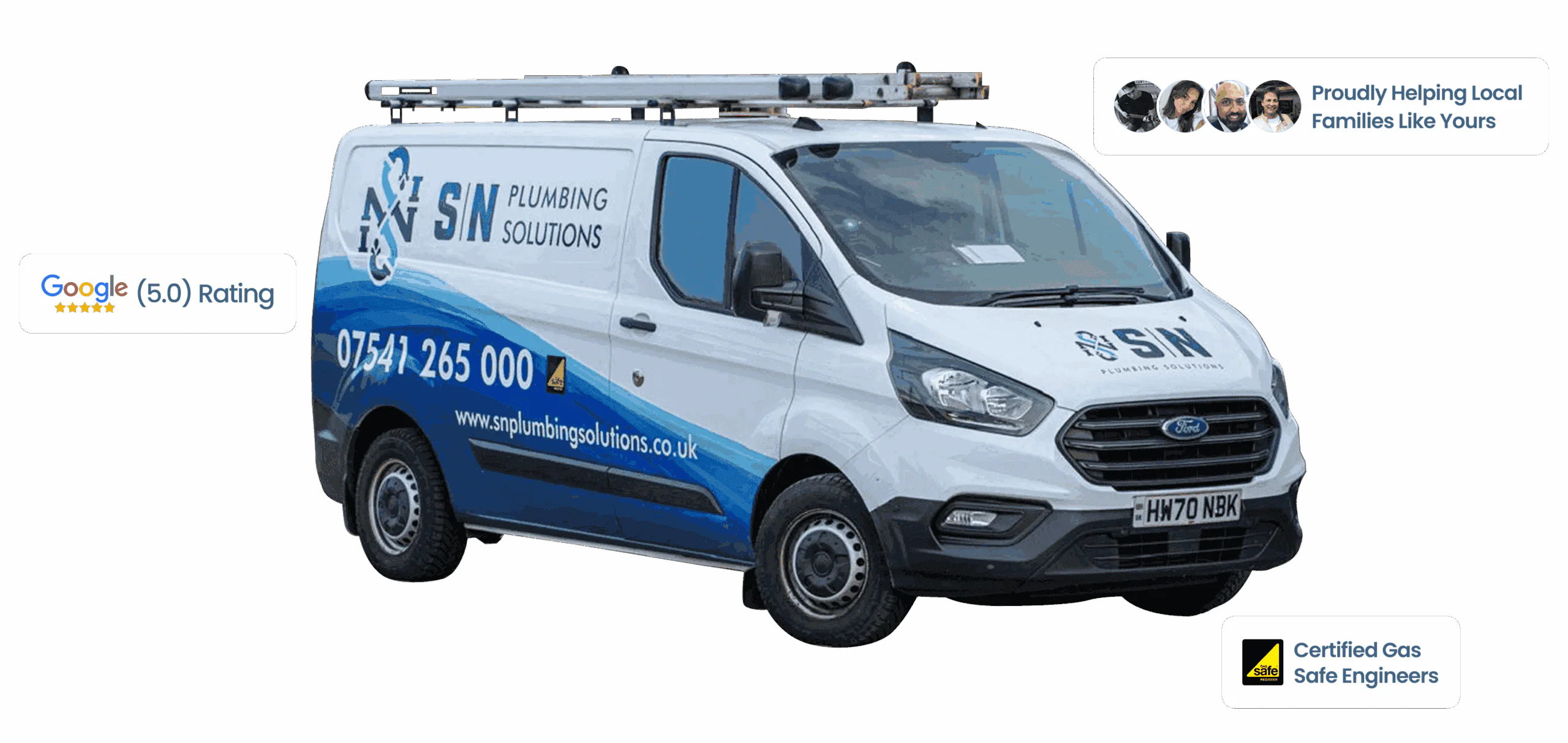 Plumbing service van with SN Plumbing Solutions branding and contact details.