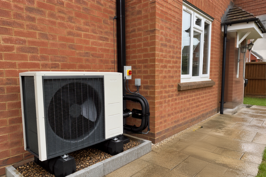 Air source heat pump installation outside an Aylesbury home with outdoor heat pump unit, pipe connections, and professional heating equipment