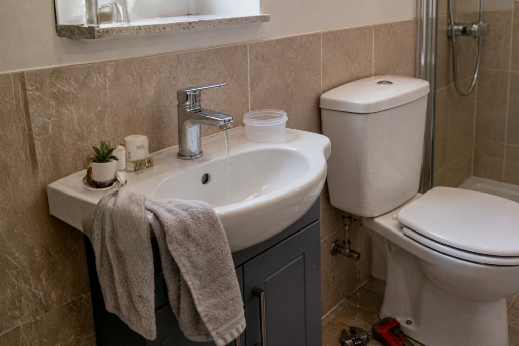 A close-up of a grey bathroom vanity with water running in the sink, alongside a white toilet. At floor level, a pipe connection (likely the water feed or waste) is actively leaking water onto the tile floor. Two plumbing wrenches are present, part of a leak investigation service provided by SN Plumbing Solutions in Aylesbury.