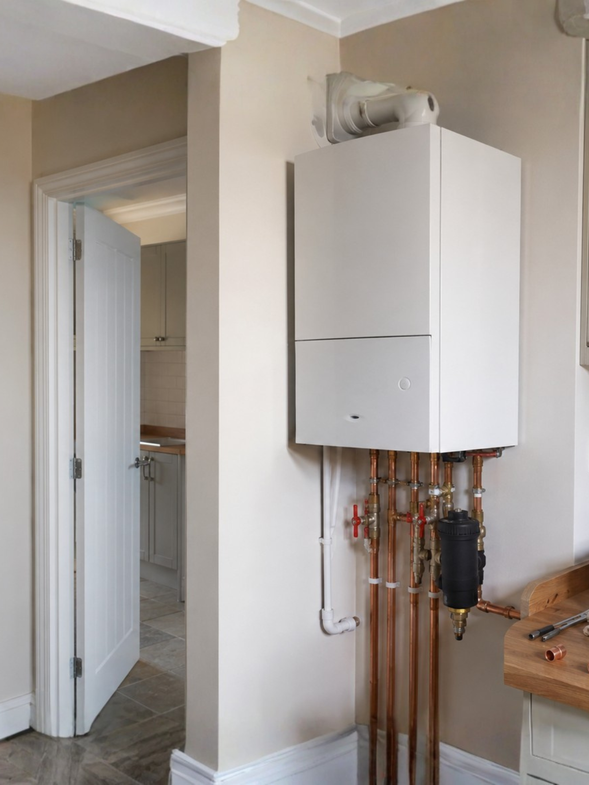 Newly installed combi boiler with copper pipework and magnetic filter in an Aylesbury home, fitted by SN Plumbing Solutions