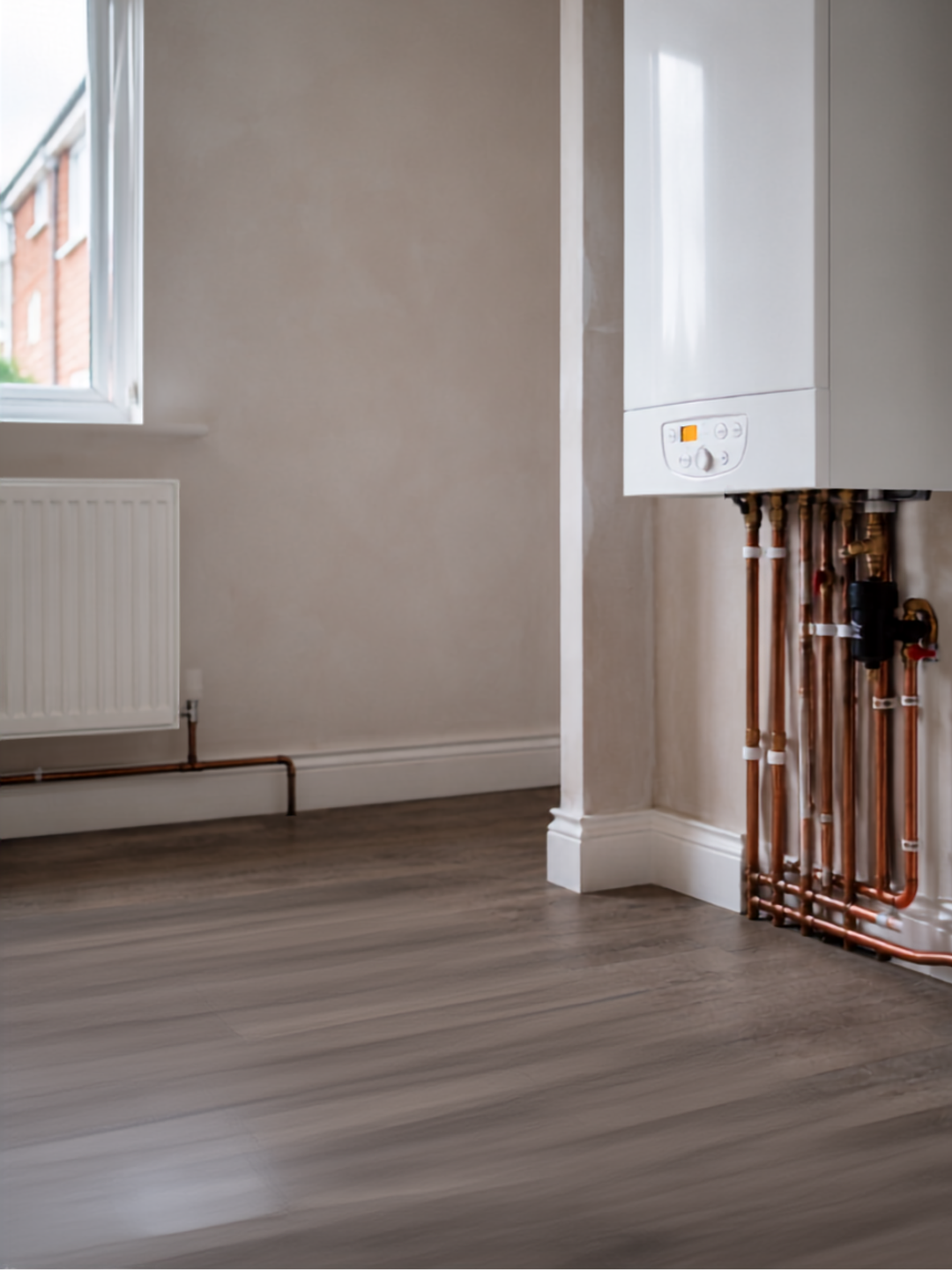 New central heating boiler installation with copper pipework and radiator in an Aylesbury home