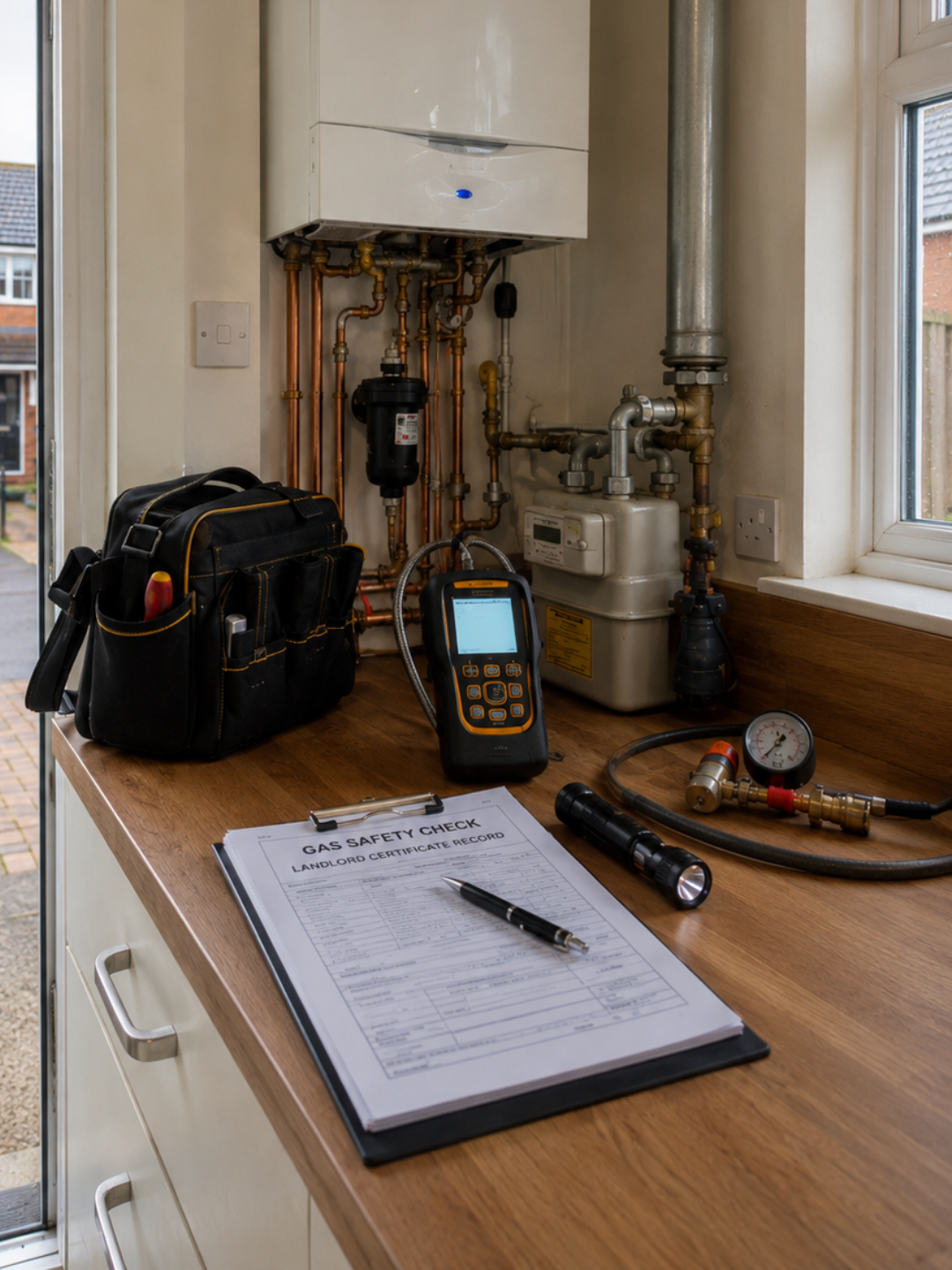 Gas safety inspection equipment beside a domestic boiler in an Aylesbury home