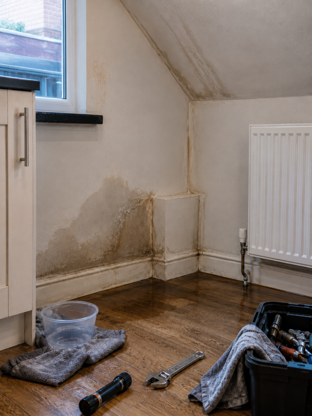 Severe water staining and peeling paint on an interior wall and angled ceiling caused by a hidden water leak near a radiator. A plastic container on a towel, an adjustable wrench, a flashlight, and a plumber's tool caddy sit on the wet wooden floor during a leak investigation service in an Aylesbury home.