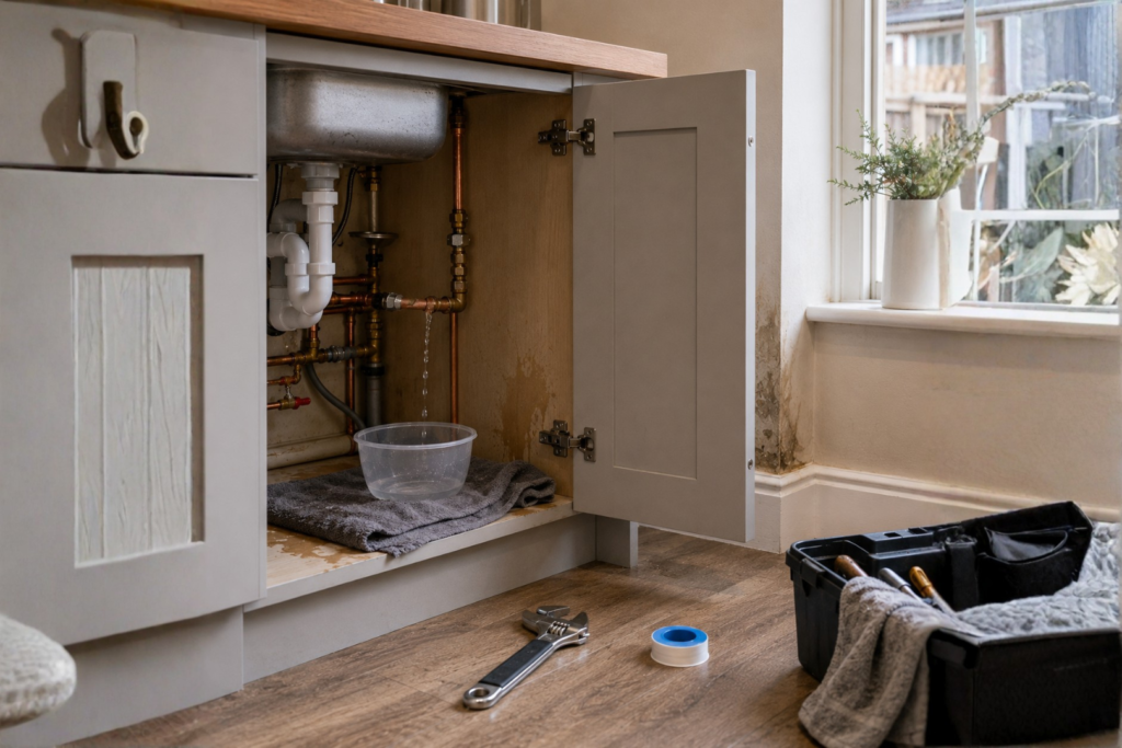 An open kitchen sink cabinet showing complex copper pipework with an active water leak dripping into a clear plastic bowl on a grey towel. An adjustable wrench and blue Teflon tape are on the floor, indicating a leak inspection and repair job in an Aylesbury home. The surrounding wall shows a large damp patch.