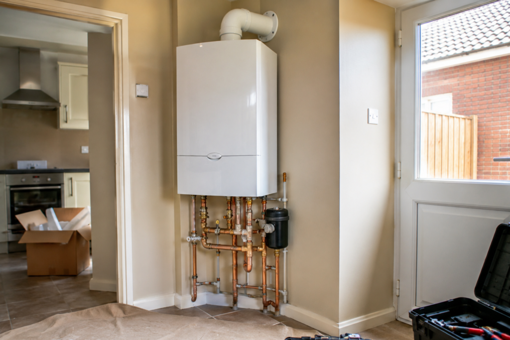 New high efficiency gas boiler installation in a clean Aylesbury home utility room with neat copper pipework and professional heating setup