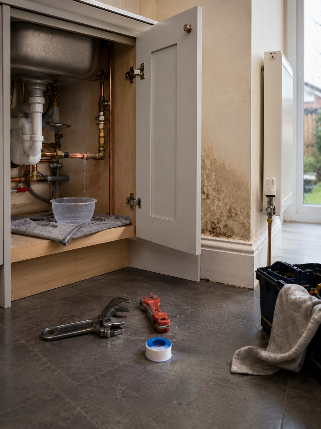 An open white kitchen cabinet shows exposed plumbing pipes with water dripping from a copper pipe into a clear plastic bowl on a grey towel. On the dark tile floor in the foreground are various plumber's tools, including wrenches, pipe cutters, a roll of Teflon tape, and a glowing flashlight. To the right, a large area of dark water damage and mold is visible on the light beige wall next to a radiator, highlighting the extent of the leak.