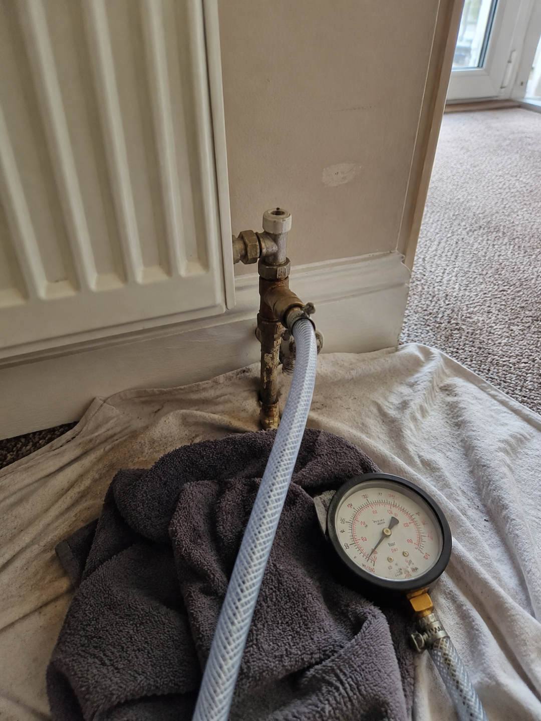 Power flushing hose connected to a radiator valve during a central heating flush in Aylesbury