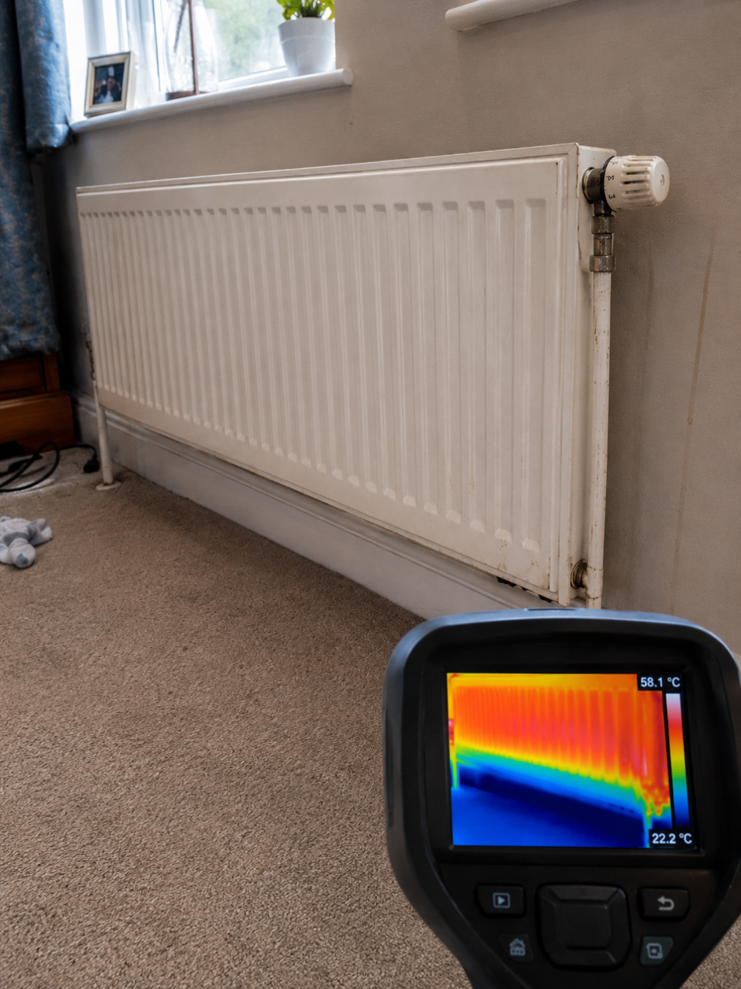 Engineer checking a radiator for cold spots and sludge before a power flush in Aylesbury