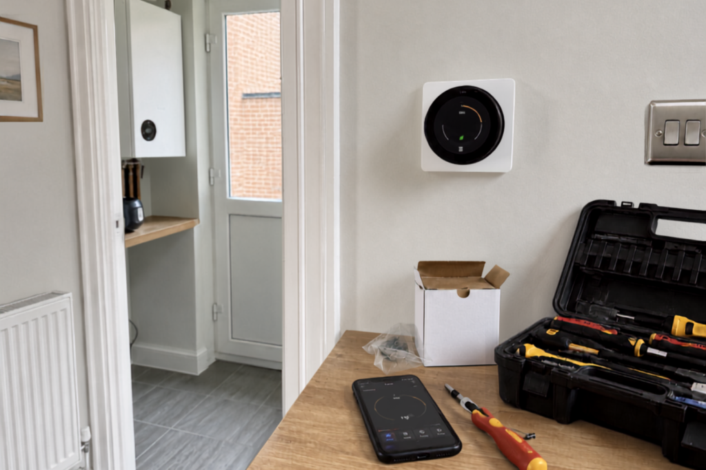 Smart thermostat installation in an Aylesbury home with heating controls setup, mobile app connection, and boiler system equipment