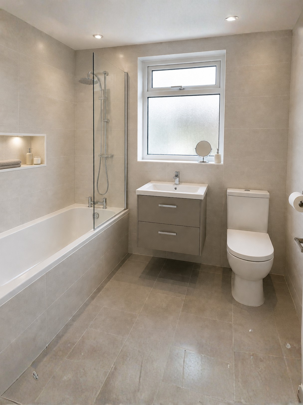 Full bathroom installation in Aylesbury by SN Plumbing Solutions — modern bath, shower, vanity unit, and toilet in beige tiles.