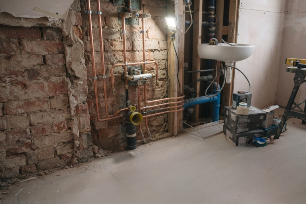 Bathroom installation in progress in Aylesbury by SN Plumbing Solutions — workbench with floor plans, plumbing tools, and exposed pipework.