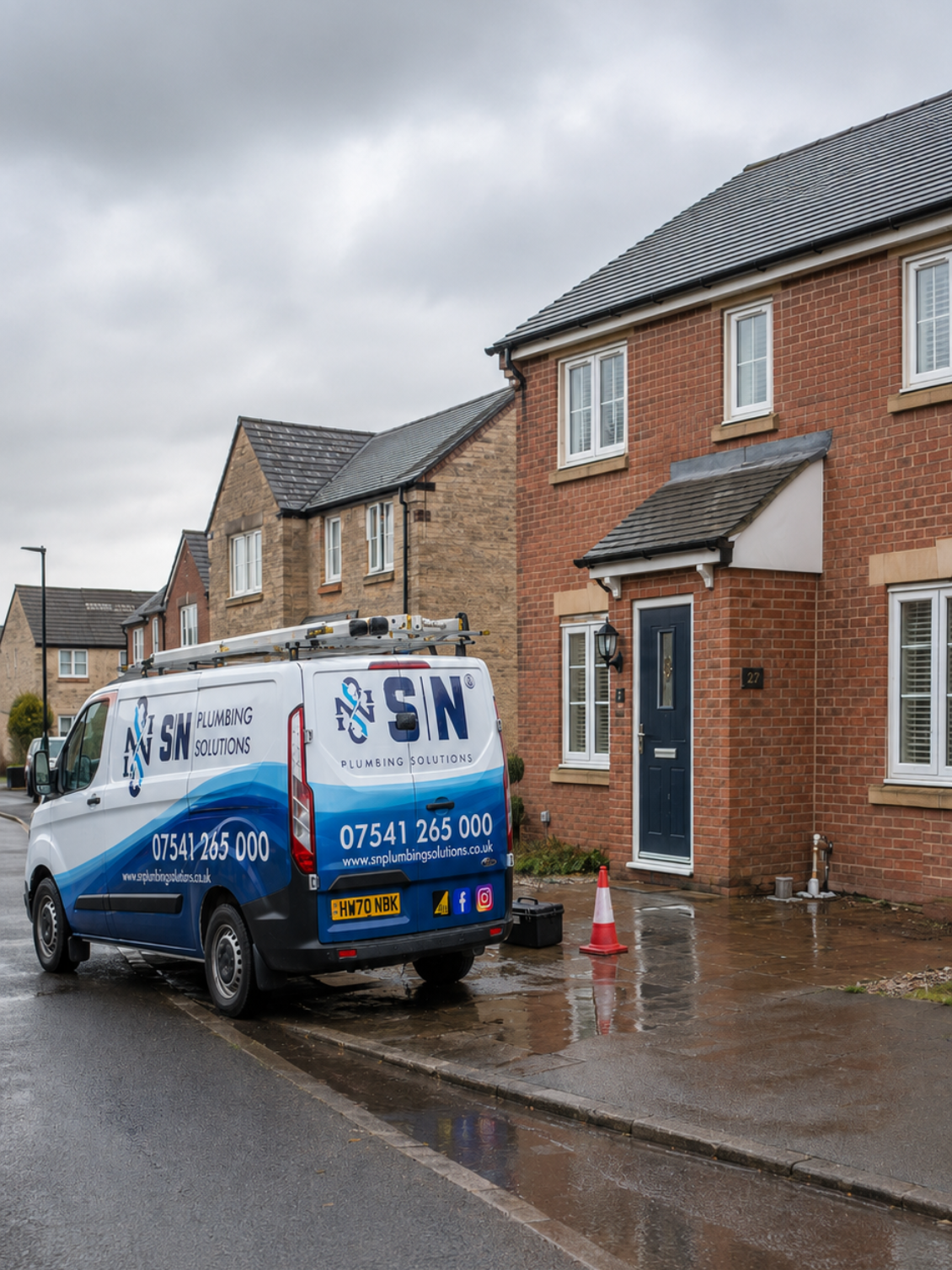 SN Plumbing Solutions van parked outside a Bedfordshire home for an emergency plumbing callout