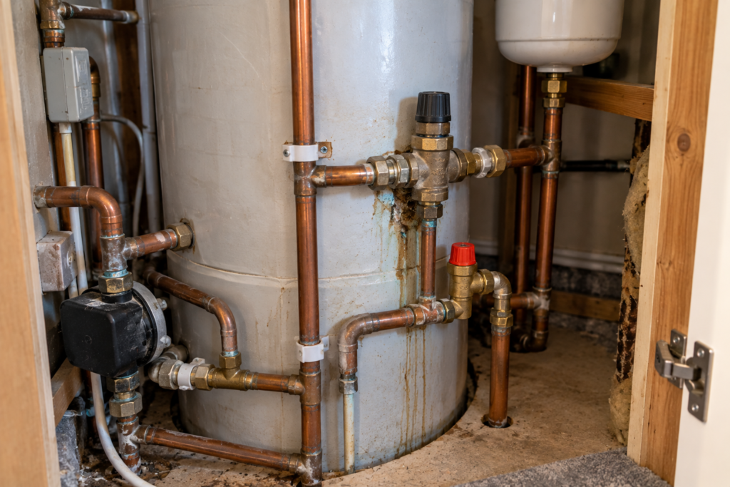 Hot-water cylinder and connected pipework during inspection