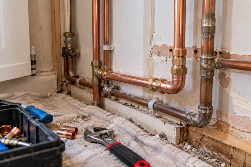 Copper pipework during a plumbing repair and alteration