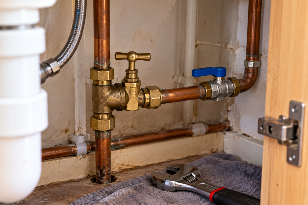 Copper pipework with a stopcock and isolation valve