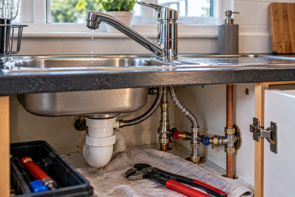 Tap and pipe connections being checked for a small plumbing leak