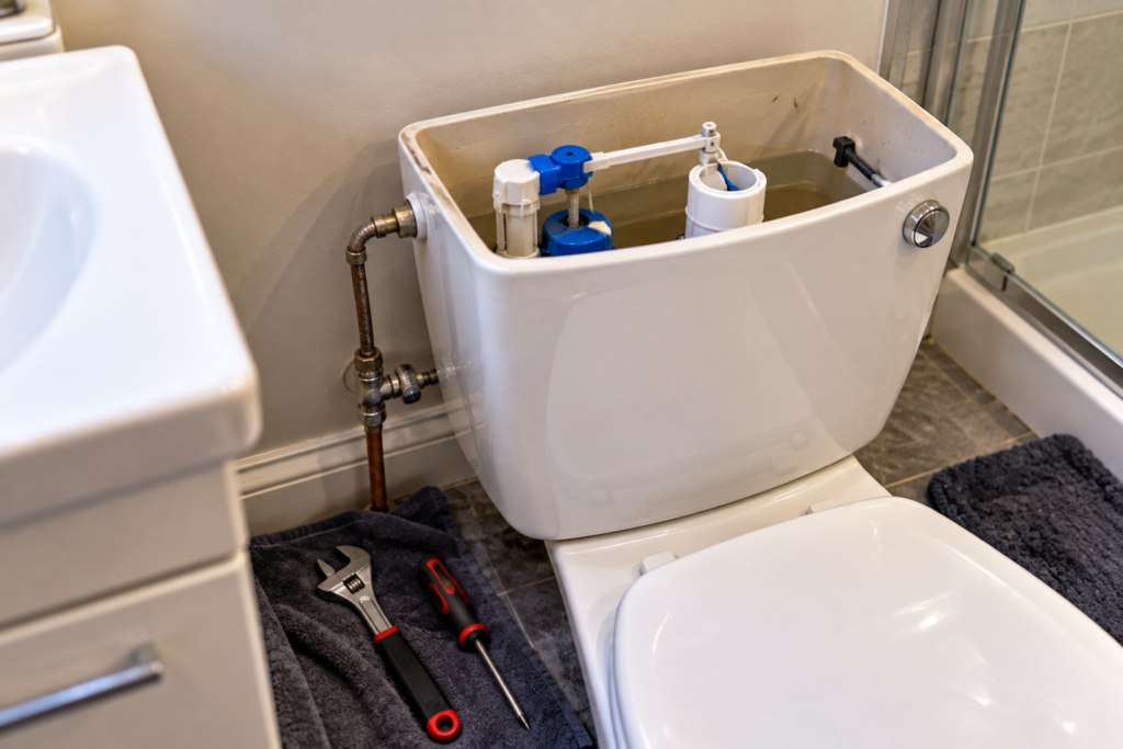 Open toilet cistern during a plumbing repair