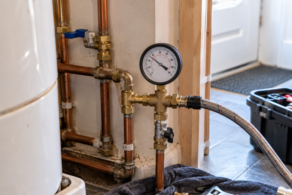 Pressure gauge checking water pressure in household pipework